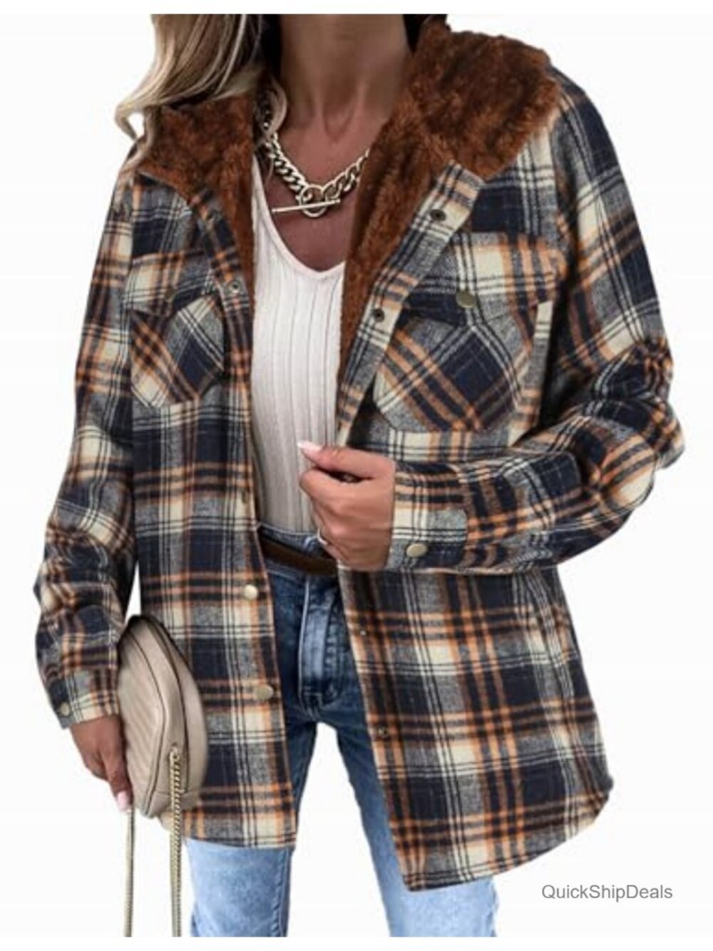 Zeagoo Flannel Plaid Shacket Fleece Lined Hooded Long Sleeve Button